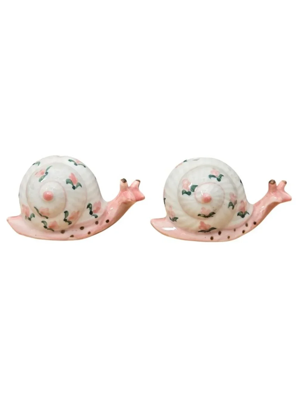 Vintage Snail Salt Pepper Shaker Set Pink Green Dots Floral Kitsch Whimsical